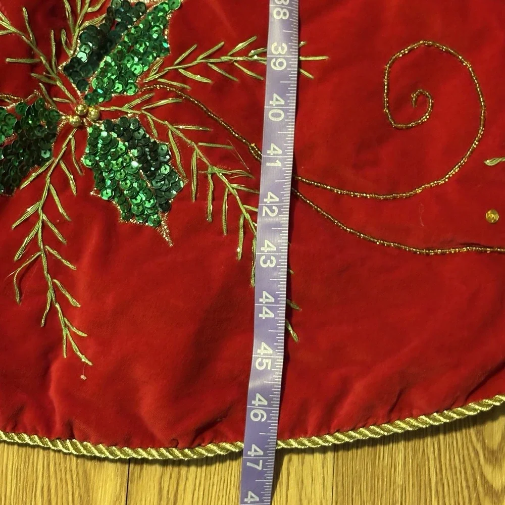 Christmas Tree‎ Skirt VTG Sequin Holly Leaves Embroidery Velor Red 47 Inches